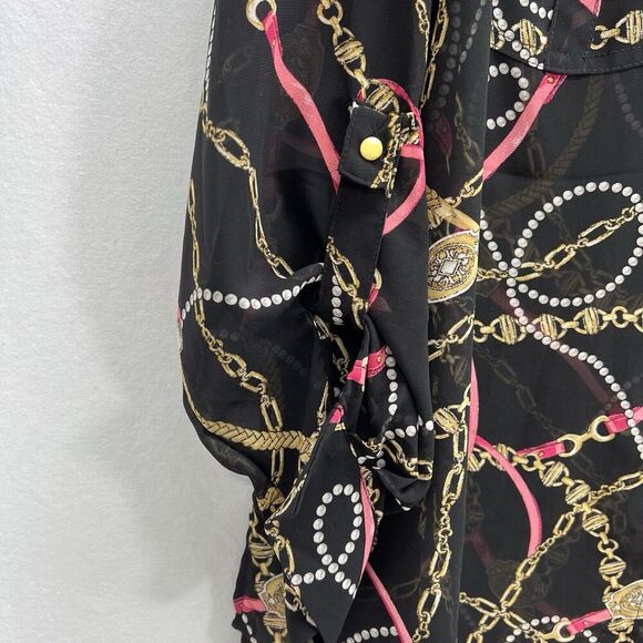 CATO Tunic Women 18/20W Chain Link Print Black Equestrian Roll Tab Sleeves - Picture 4 of 10